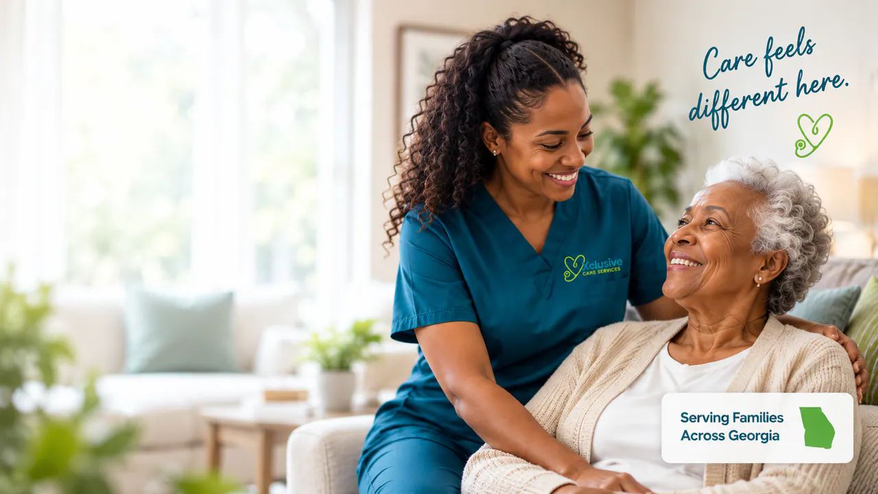 Caregiver sharing a smile with an older woman at home.