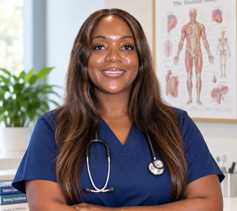 Niesha Barnett smiling in navy scrubs with a stethoscope.