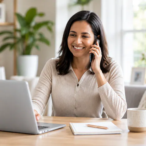 Woman speaking on the phone at a desk with a laptop and notebook.