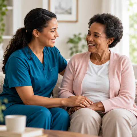Caregiver and an older woman talking together on a sofa.