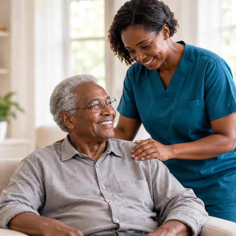 Caregiver and an older man sharing a smile at home.