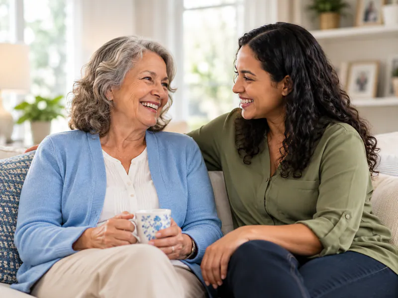 Two women enjoying a conversation together on a sofa.