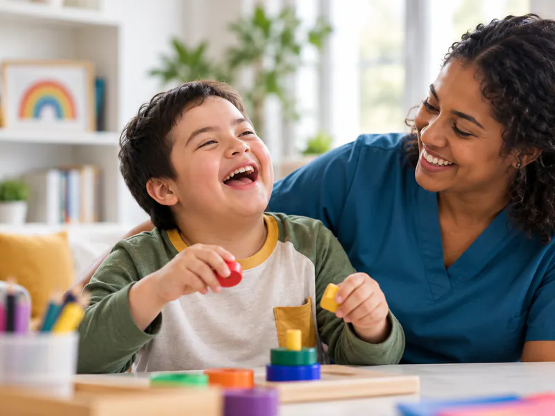 Caregiver and child playing with colorful blocks at a table.