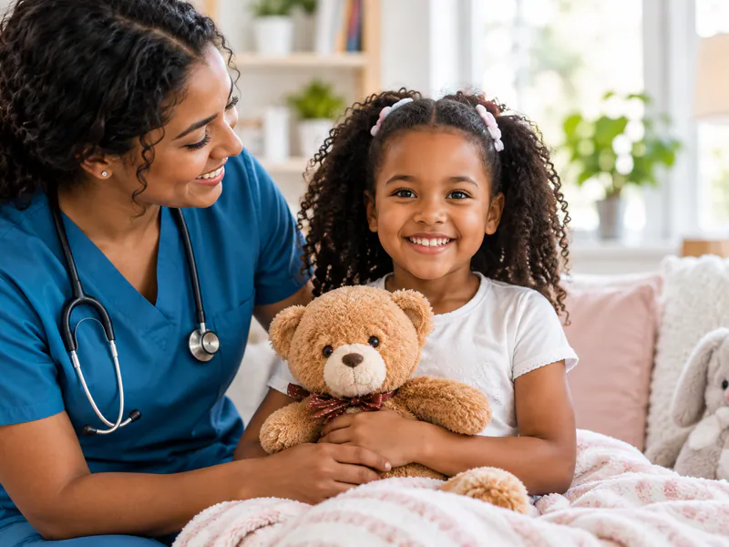 Caregiver sitting with a child holding a teddy bear.