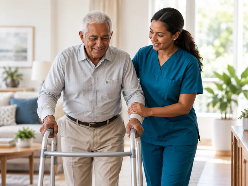 Caregiver supporting an older man using a walking frame.