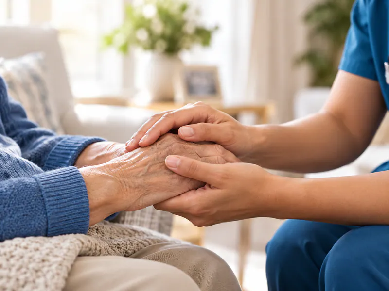 Caregiver gently holding an older adult’s hands.