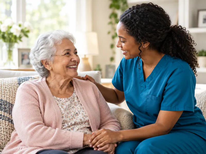 Caregiver and an older woman smiling together on a sofa.