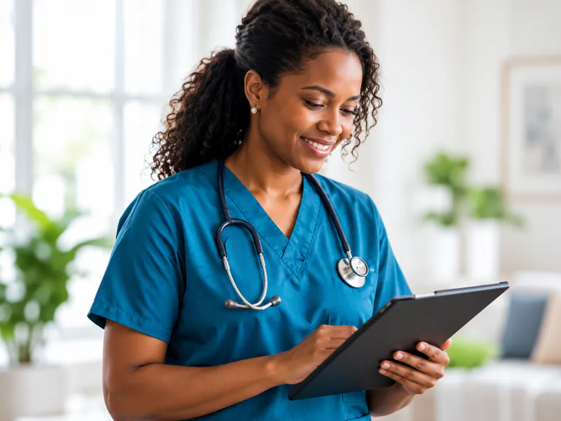 Care professional wearing a stethoscope and writing on a clipboard.