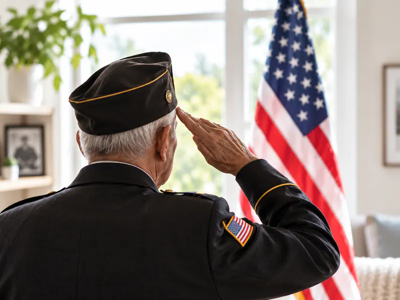 An older adult in a cap saluting an American flag at home.
